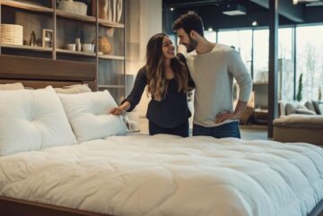 un couple choisissant un sommier et un matelas dans un magasin