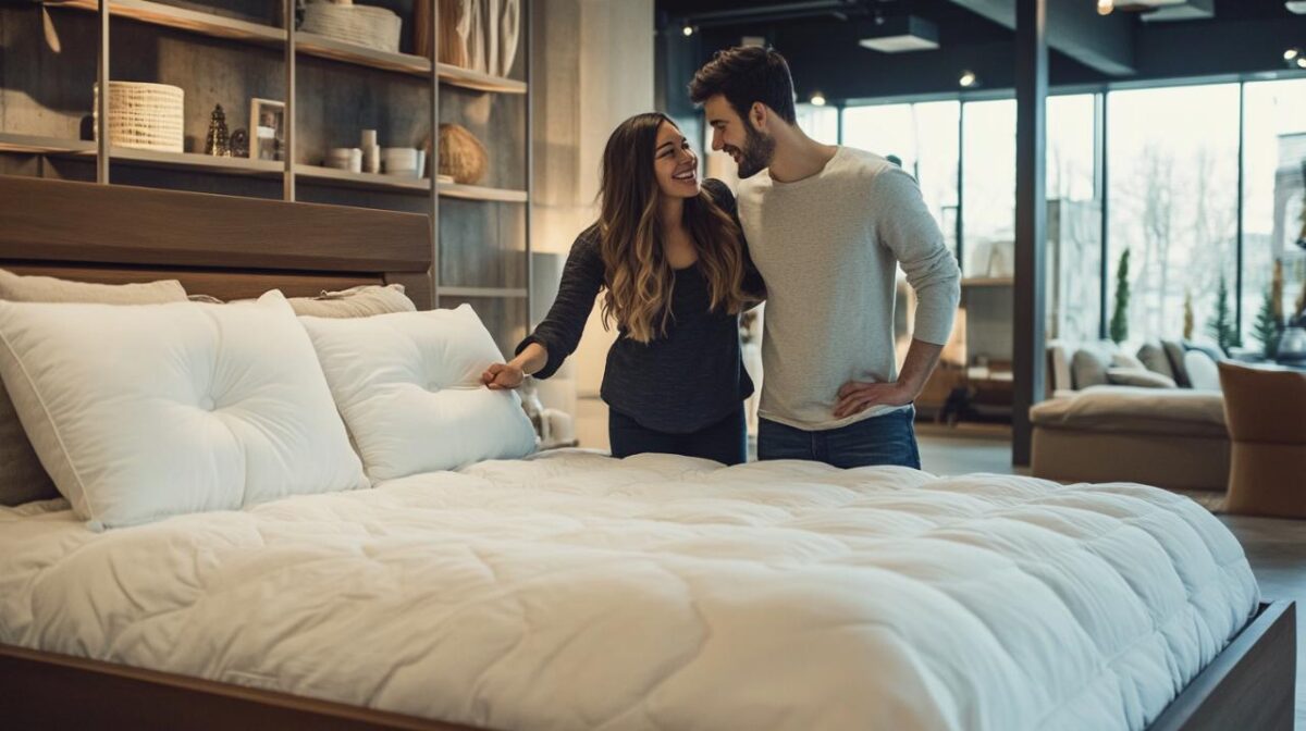 un couple choisissant un sommier et un matelas dans un magasin